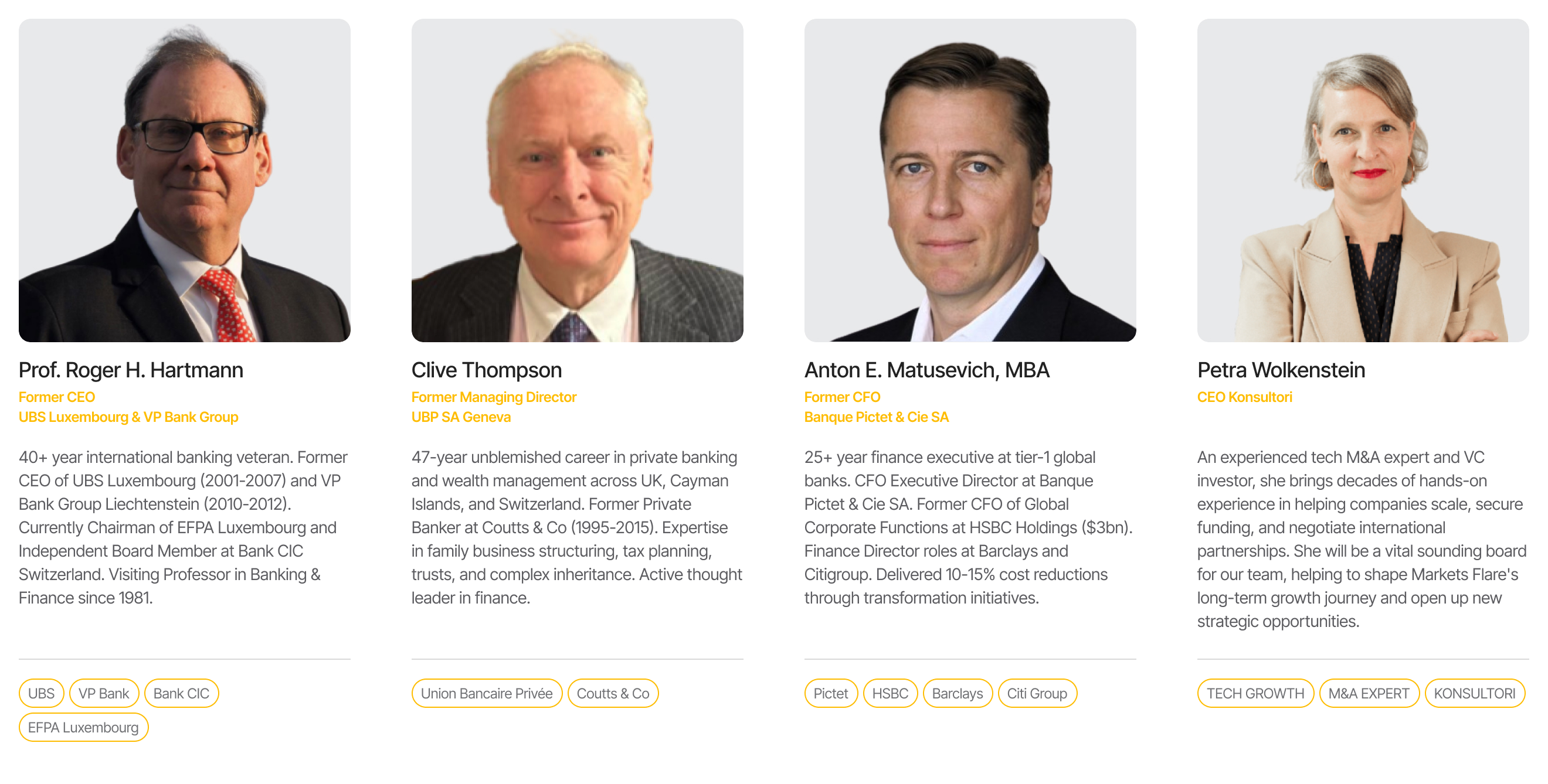Advisory Board — Prof. Roger H. Hartmann, Clive Thompson, Anton E. Matusevich (MBA), Petra Woklenstein.