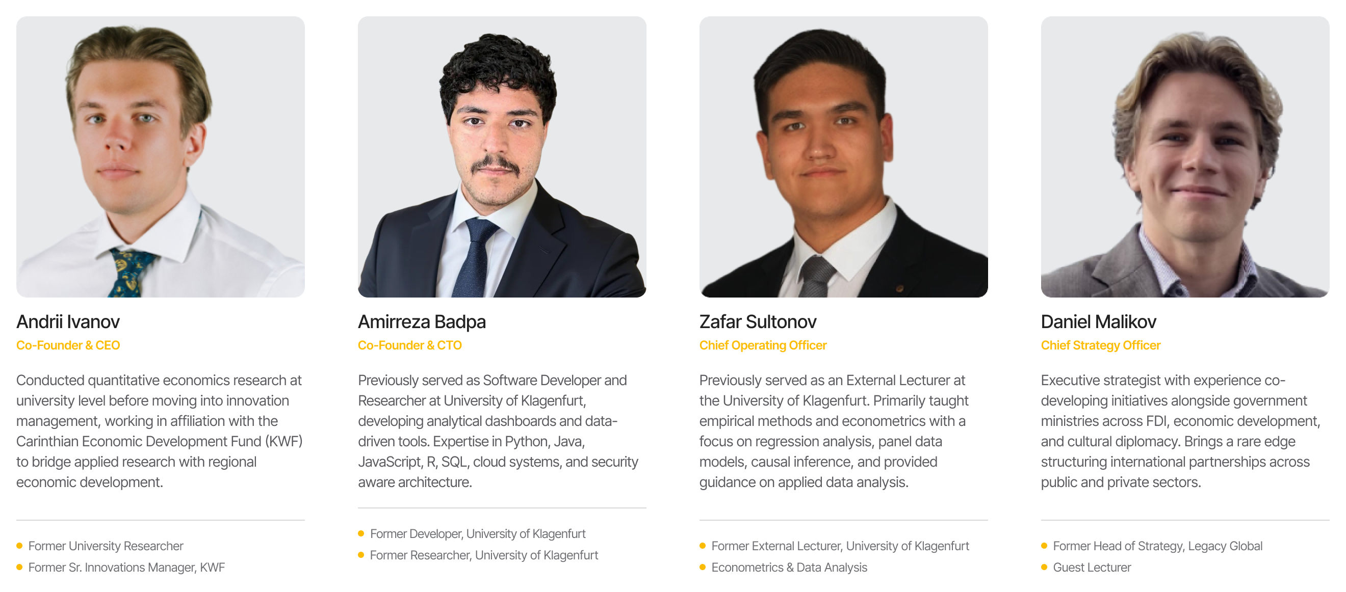 Founding Team — Andrii Ivanov (Co-Founder & CEO), Amirreza Badpa (Co-Founder & CTO), Zafar Sultonov (Chief Operating Officer), Daniel Malikov (Chief Strategy Officer).