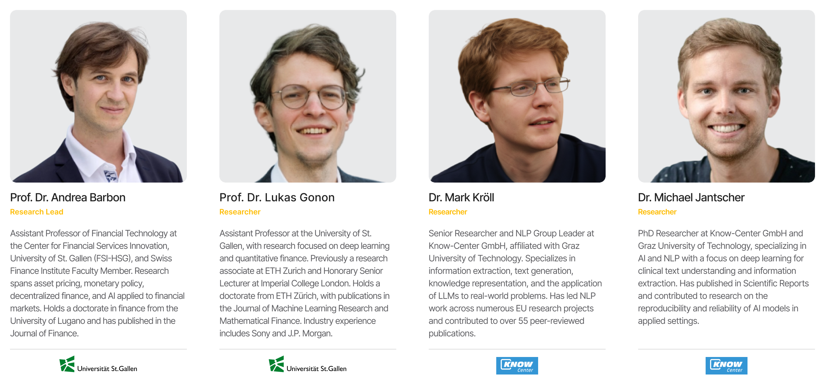 Research Team — Prof. Dr. Andrea Barbon, Prof. Dr. Lukas Gonon, Dr. Mark Kröll, Dr. Michael Jantscher.